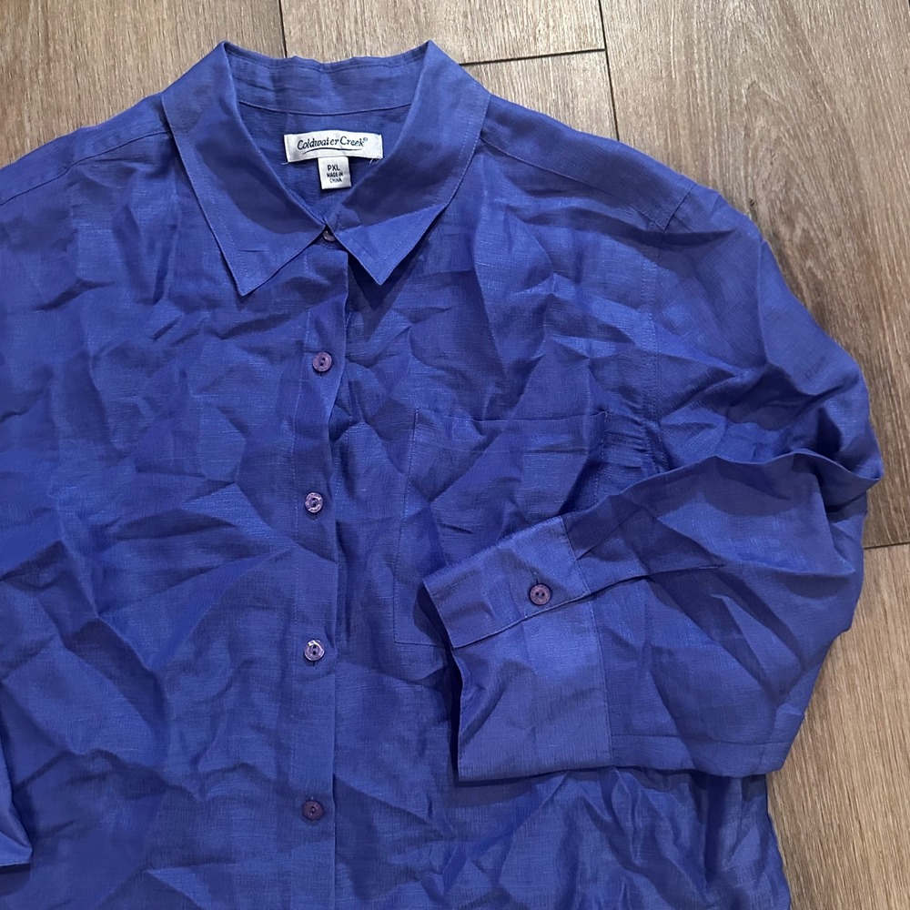 Coldwater Creek Blue Linen Silk Blend Button Up Shirt PXL 3/4 Sleeve Pocket